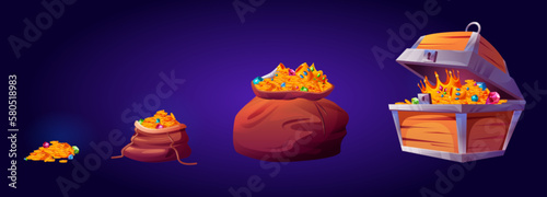 Cartoon set of treasure pile, sack and chest isolated on dark blue background. Vector illustration of open wooden box, big and small bags full of money, vintage royal crown, gem stones, heap of coins