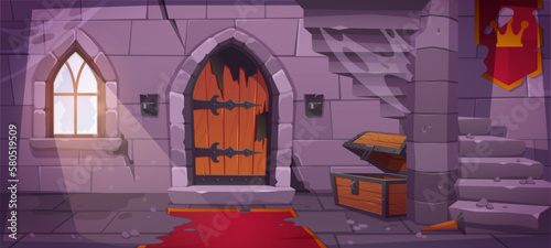 Abandoned castle dungeon with broken door, chest cartoon vector background. Spiderweb on tower wall and robbed room in palace for medieval game illustration. Pillar and spiral stairs in kingdom prison