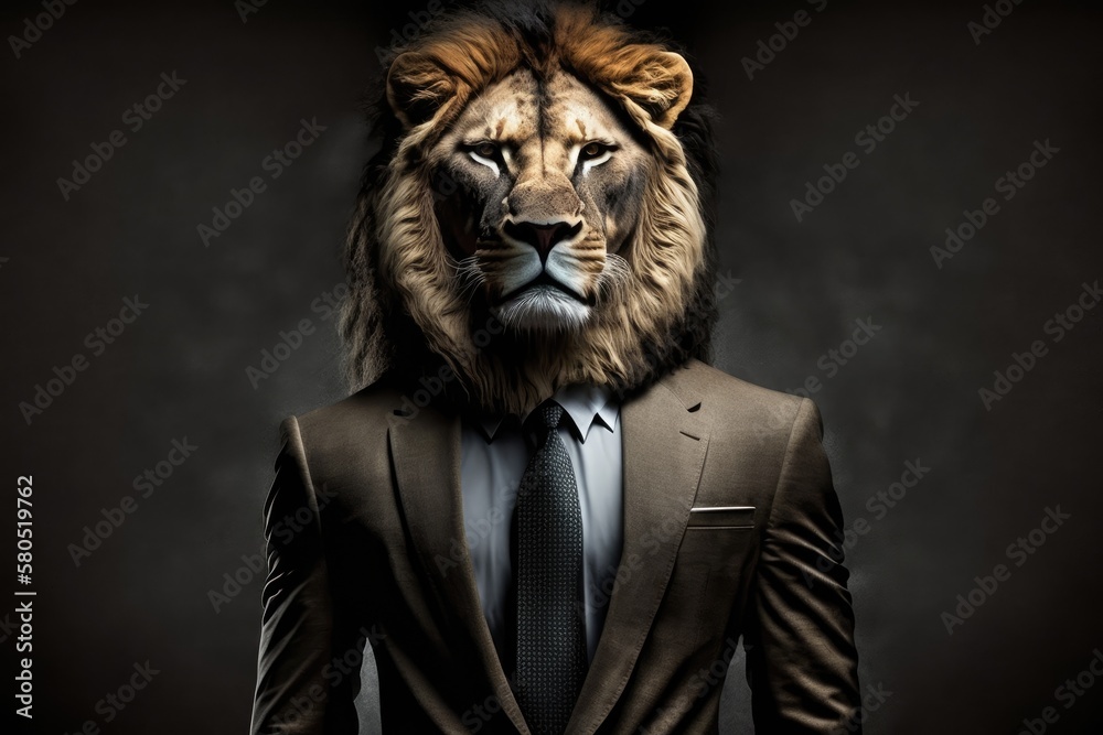 Man dressed as a lion with a suit and tie, The lion person, animal face on a black background. Generative AI Man dressed as a lion with a suit and tie, The lion person, animal face on a black background. Generative AI