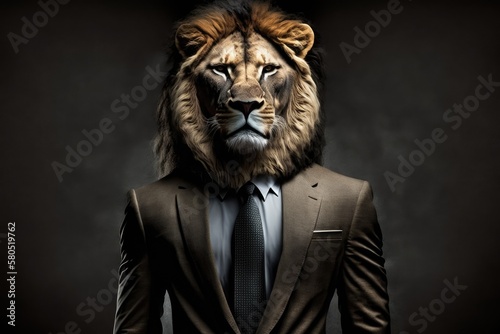 Man dressed as a lion with a suit and tie  The lion person  animal face on a black background. Generative AI
