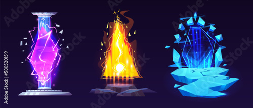 Set of magic game portals isolated on dark background. Vector cartoon illustration of space, stone and ice platforms with laser light, fire flame and frozen crystals effect. Gui design elements
