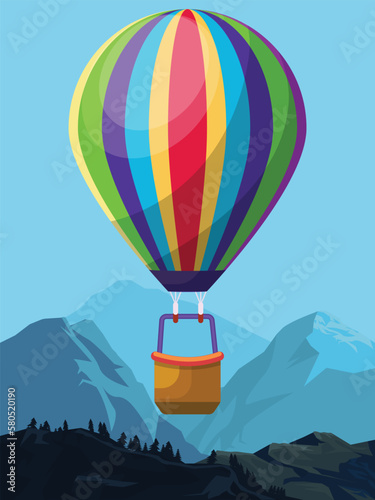 Hot Air Balloon and Mountain, flying hot air balloon above mountains. Air balloon festival vector flat illustration. Romantic summer travel concept.