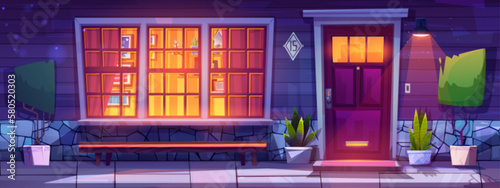 House porch and front entrance door at night vector cartoon illustration. Wooden wall and window with light outside home facade view. Closed entry and mat on doorstep. Fairytale scene with lantern