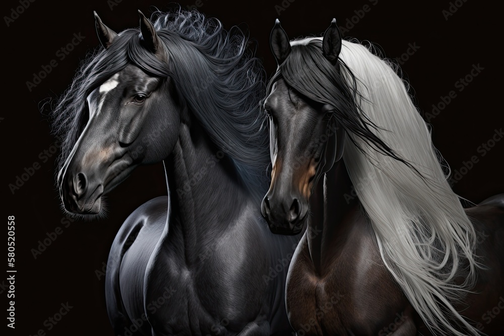 Stallions with long manes that are black run against a dark background. Generative AI Stallions with long manes that are black run against a dark background. Generative AI