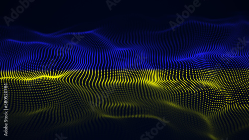Digital wave in a Ukraine flag form. The futuristic abstract structure background. Big data visualization. 3D rendering.