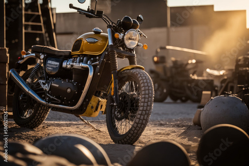 Photorealistic ai artwork of a yellow classic motorcycle in an old dusty yard at sunset. Generative ai.