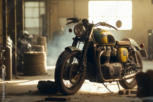 Photorealistic ai artwork of a yellow classic motorcycle in an old dusty garage at sunset. Generative ai.