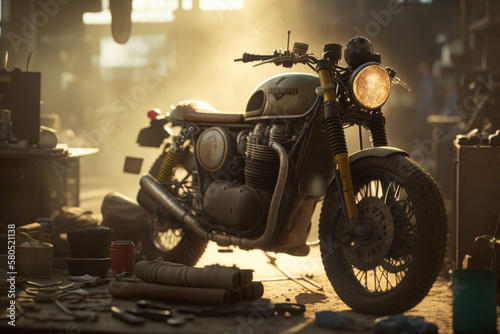 Photorealistic ai artwork of a yellow classic motorcycle in an old dusty garage at sunset. Generative ai. © JG Marshall