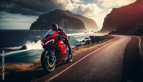 Photorealistic ai artwork of a red sportsbike or superbike concept motorcycle riding on a coast road at sunset. Generative ai.