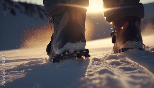 Close-up on the feet of a skier in ski boots, walking towards the sun in the snow. Generative AI. © Windawake