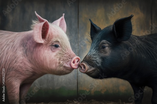 Pink and black pigs kissing on the farm shows love and friendship. Generative AI