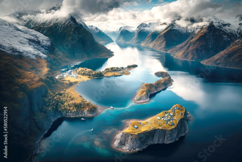 Aerial view of majestic Norway Fjord with scenic mountains and sea фототапет