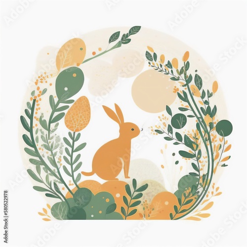 Easter wreath shape. Rabbit  eggs and flowers  illustrations to celebrate Easter.  Green and Orange color palette. Generative AI technology.