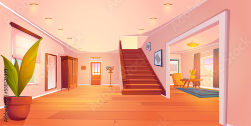 Cartoon house hallway and living room interior design with furniture. Vector illustration of large clean space with entrance door, windows, staircase, wardrobe, mirror, armchair and table, flower pots