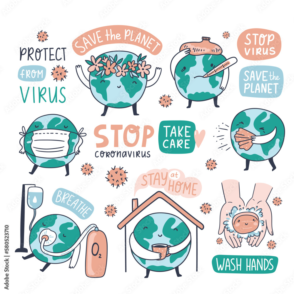  Save the planet card from covid 19. Corona virus concept. Vector illustration. Cute icons in hand-drawn style.