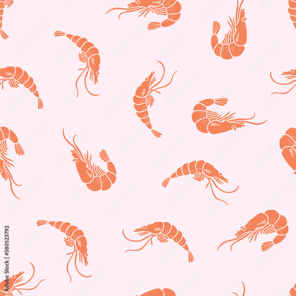 Vector sea animal seamless pattern with prawn on pink background. Cute ...