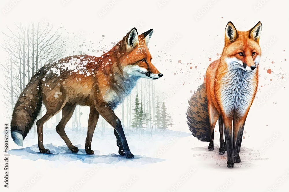 Obraz premium Fox and deer are forest animals. Realistic illustration of a cute red wild fox walking in the winter, set against a white background. Generative AI