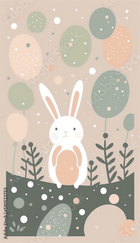 Rabbit  eggs and flowers  illustrations to celebrate Easter. Rabbit  eggs and flowers  illustrations to celebrate Easter.  Pastel palette. Generative AI technology.