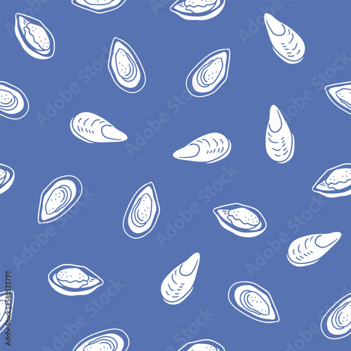 Seamless pattern with mussels in flat style. Vector monochrome repeated design for fabric,  wallpaper or wrapping paper.  