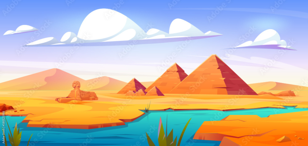 Egyptian desert with ancient pyramids and antique sphinx statue on bank of Nile river. Vector cartoon illustration of sandy valley landscape with dunes, blue water, pharaoh tombs and morning skyline