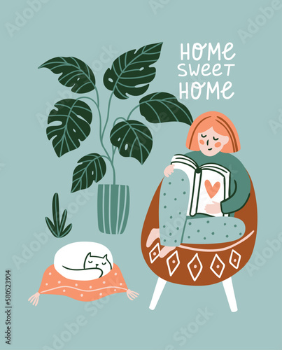 Young woman reading book on chair at home and sleeping cat. Flat style vector illustration. Cute poster with text - Home sweet home.