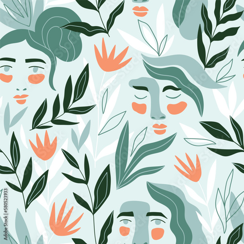 Vector Seamless pattern with tropical  leaves, flowers and woman faces in green colors. Beautiful trendy design for female fabric or wallpaper.