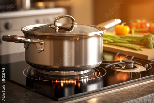 A closeup of a stainless steel lid, perfectly balanced on top of a bubbling soup cooking on an induction stove. AI generative