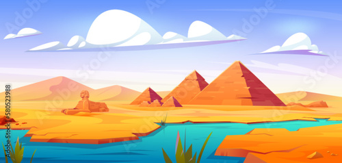 Egyptian desert with ancient pyramids and antique sphinx statue on bank of Nile river. Vector cartoon illustration of sandy valley landscape with dunes  blue water  pharaoh tombs and morning skyline