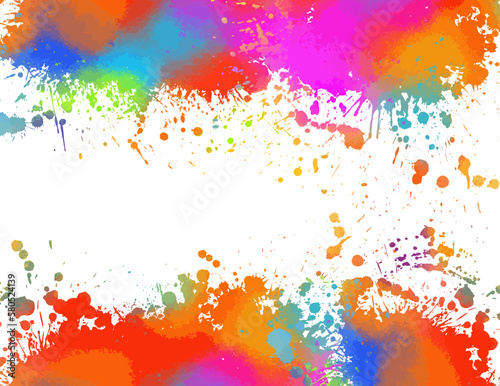 Grunge splatter. Rainbow colors grunge splash. Multicolored frame background. Color explosion. Colored blot on white. Vector illustration
