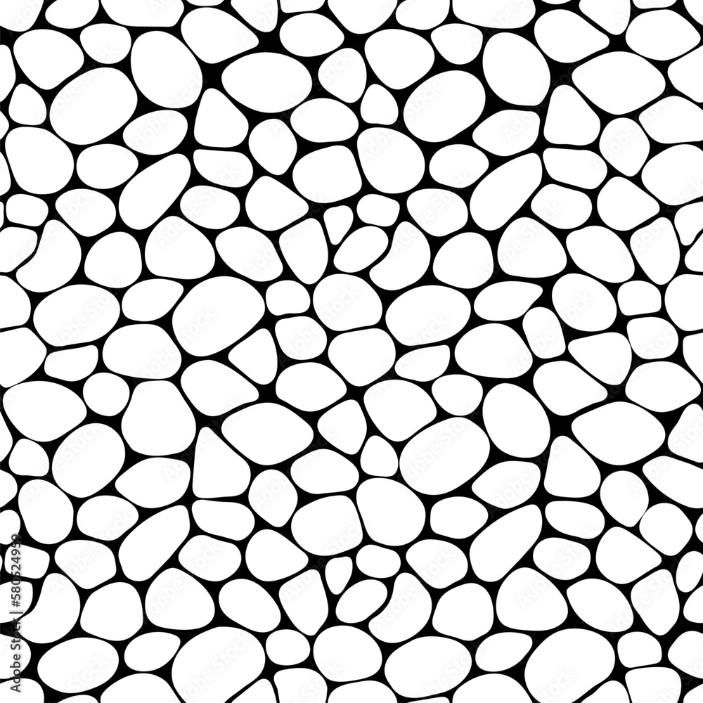Black and white pebble seamless backdrop vector illustration. Repeated background. Paving, shingle beaches template wallpaper. print for interior designs, beauty, wrapping paper. Doodle stones pattern