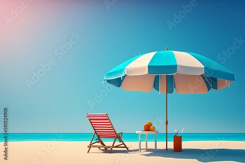 Relaxing view at the beach with chair and umbrella.
