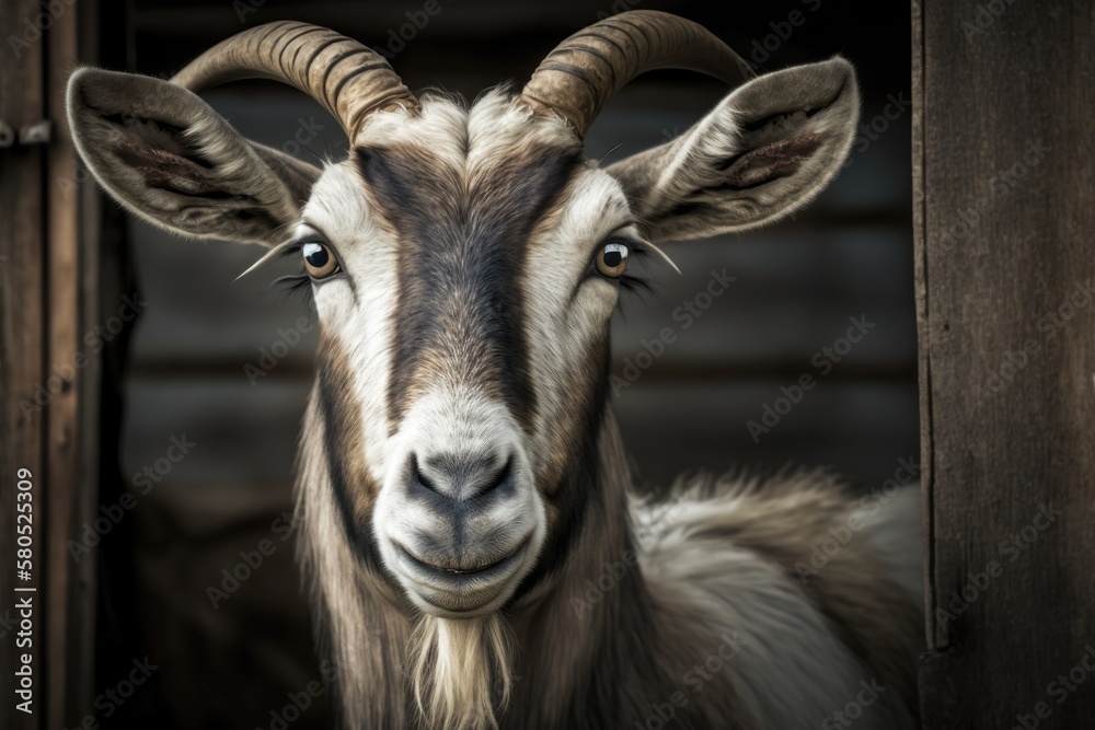 Close up animal portrait of a curious goat in a goat shed. Generative AI Close up animal portrait of a curious goat in a goat shed. Generative AI