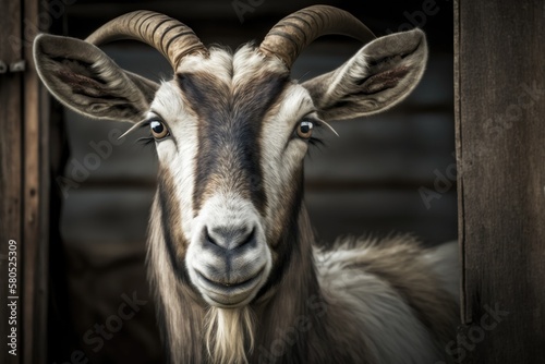 Close up animal portrait of a curious goat in a goat shed. Generative AI photo