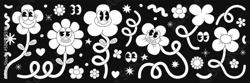 Retro cartoon flower character sticker pack. Groovy funky comic daisy flower with eyes and abstract cloud shapes in trendy retro cartoon style. Vector illustration with wavy spiral and loop elements.
