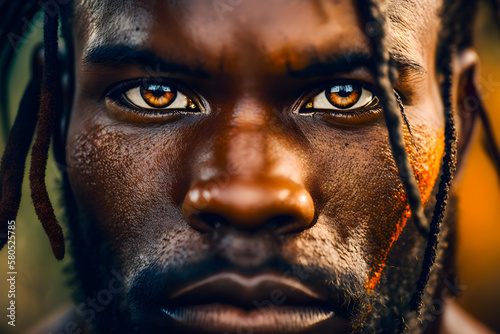 African American male face close-up, expressive look with brown eyes. Generative AI photo