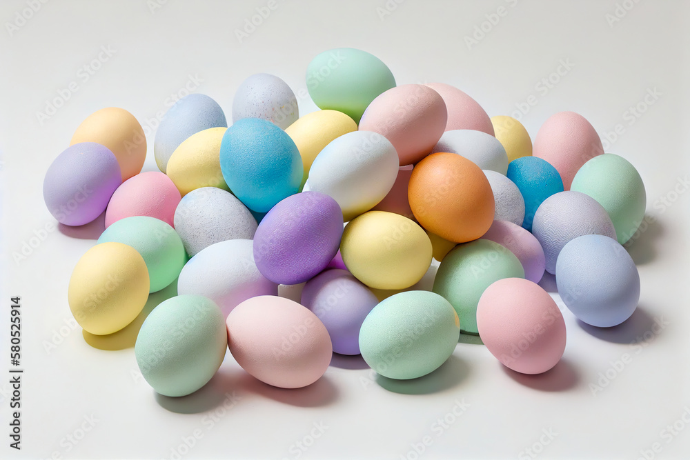 Creative Spring Easter concept, painted decorated pastel eggs. Flat lay with copy space. Festive colors and family atmosphere. Illustration, Generative AI. Creative Spring Easter concept, painted decorated pastel eggs. Flat lay with copy space. Festive colors and family atmosphere. Illustration, Generative AI.