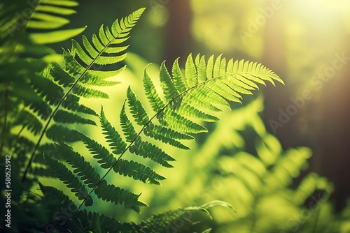 Fern leaves in a rainforest during early morning.