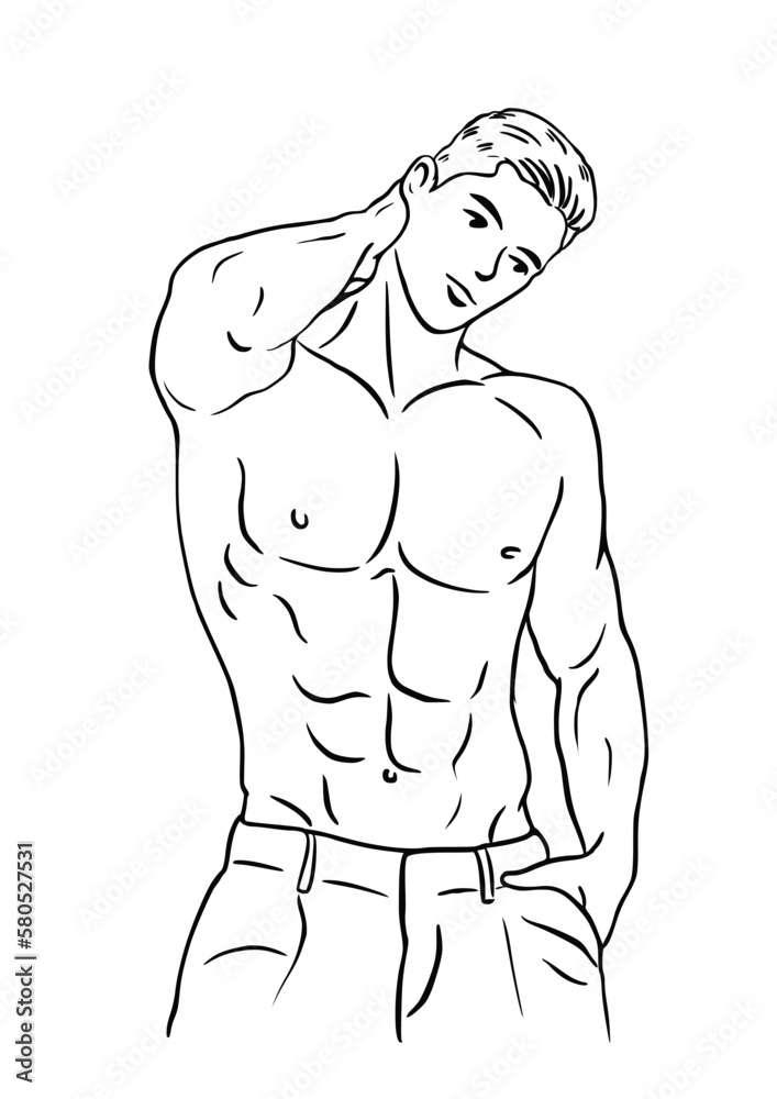 Fototapeta premium Vector black and white illustration with athletic young athletic man in jeans bare chested. subject as a bodybuilder