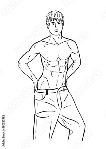 Vector black and white illustration with athletic young athletic man in jeans bare chested. subject as a bodybuilder