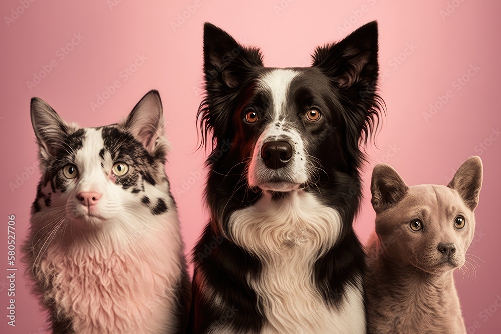Two dogs and one cat stand in front of a soft pink background. Generative AI