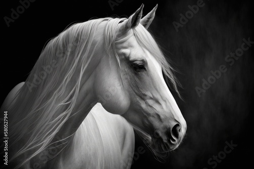 The black and white art portrait of a white horse. Generative AI