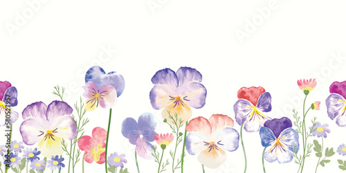 seamless minimal Hand drawn pansy flowers , viola flower and leaf vector in Spring and summer collection with watercolor texture