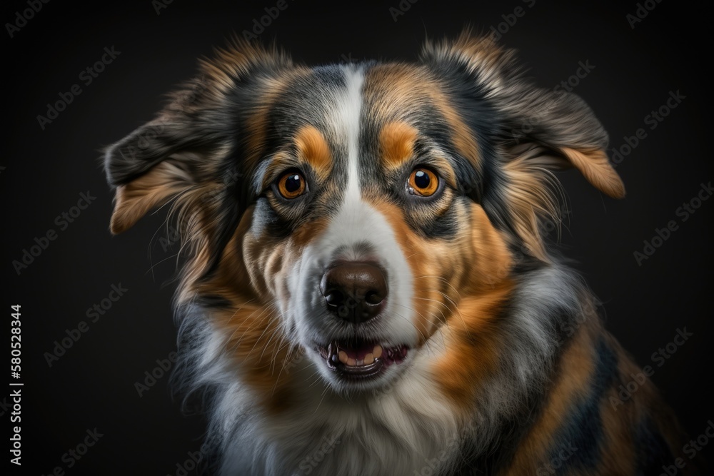 A female Australian Shepherd dog with a wild and angry face. Generative AI