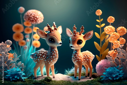 Two cute fawns and flowers realistic Generative AI