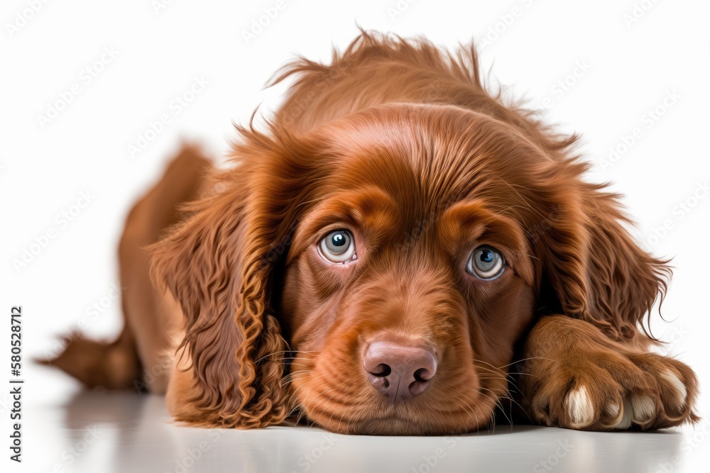 A cute red Cobberdog puppy is lying down with its head flat on the ground. Looking at the camera with eyes that look sad. Stands out against a white background. Generative AI