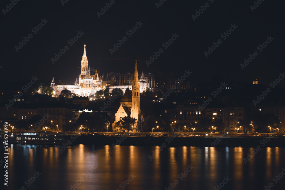 Fisherman's Bastion at night in Budapest Hungary