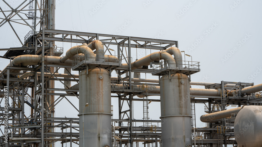 Oil Refinery Gas Chemical Equipment Prodiction import export Concept, Crude Oil Refinery Plant Steel Pump Pipe line and Chimney and Cooling tower, Chemical or Petrochemical Factory plant, industry