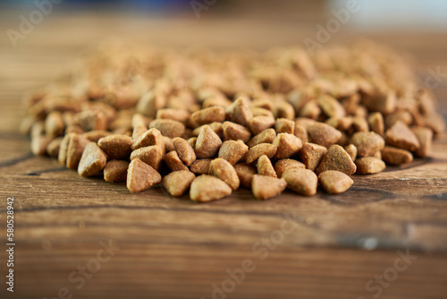 Canvas Print Dry cat food on a wooden background.