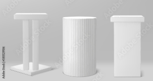 White 3d vector pillar podium. Cylinder and square column platform for product presentation. Realistic empty display stage in museum for presentation. Showroom mockup exposition with light and shadow.