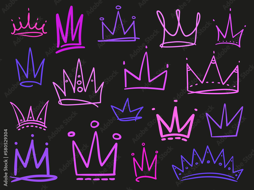Set of abstract crowns on isolated black. Signs for design. Hand drawn simple objects. Line art. Colorful illustration. Sketchy elements for posters and flyers Set of abstract crowns on isolated black. Signs for design. Hand drawn simple objects. Line art. Colorful illustration. Sketchy elements for posters and flyers